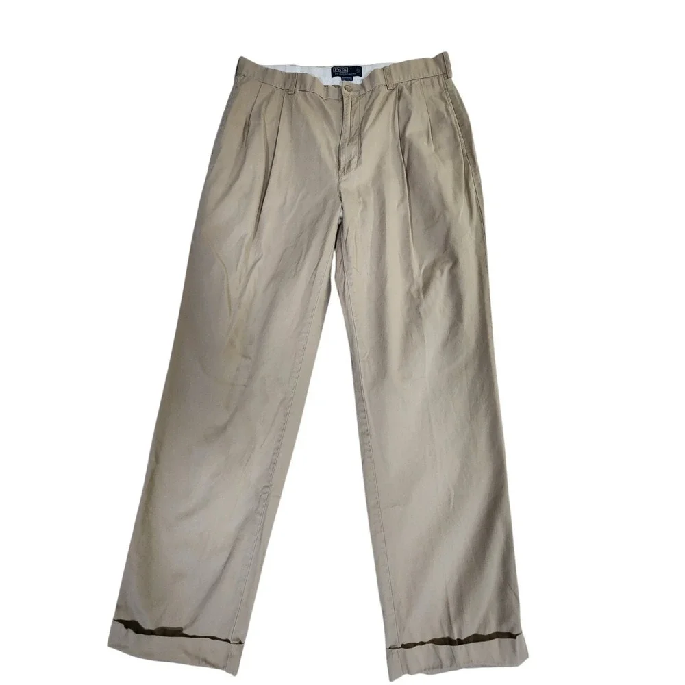 Vtg Polo Ralph Lauren Hammond Pants Men's 36x32* Beige Straight Pleated Cuffed